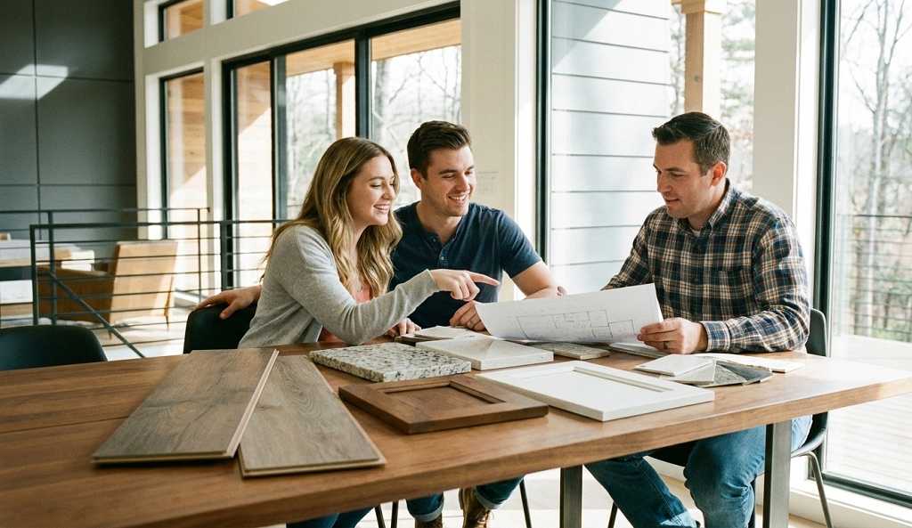 Homeowners selecting finishes during the custom home building process with their builder