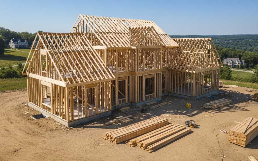 Wood framing stage of custom home construction showing the home building steps in progress