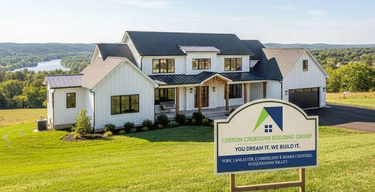 Custom home ideas in Central PA - modern two-story home with covered porch and stone accents