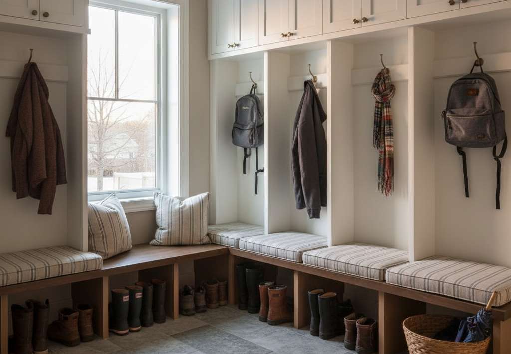 Custom home mudroom with built-in bench, cubbies, and storage - a must-have feature