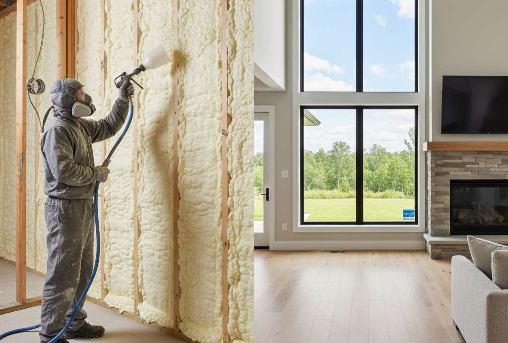 Energy efficient home features including spray foam insulation and high-performance windows