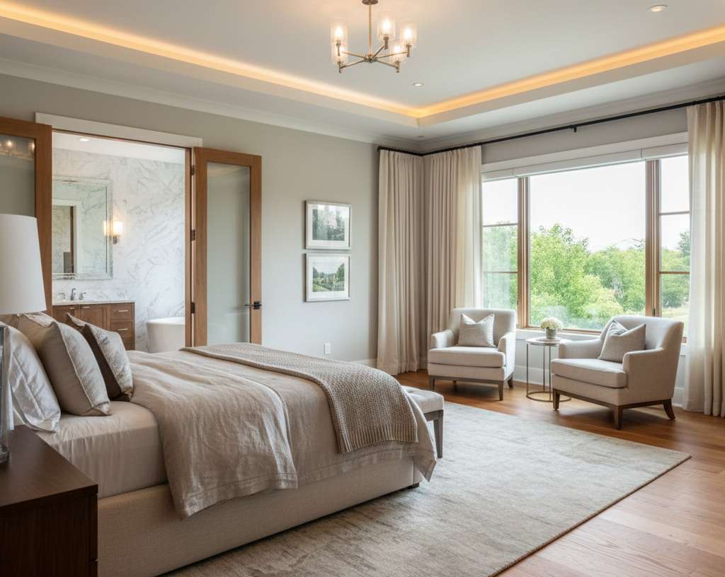 First floor master suite in a Central PA custom home with tray ceiling and en-suite bathroom