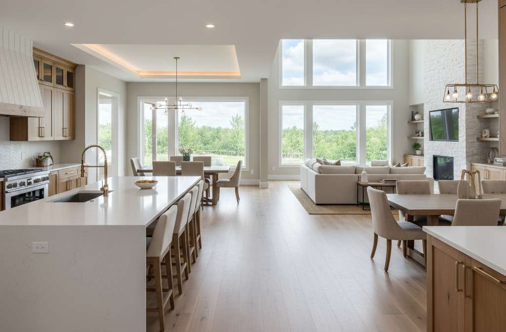 Open floor plan custom home with kitchen island, dining area, and living room with defined zones