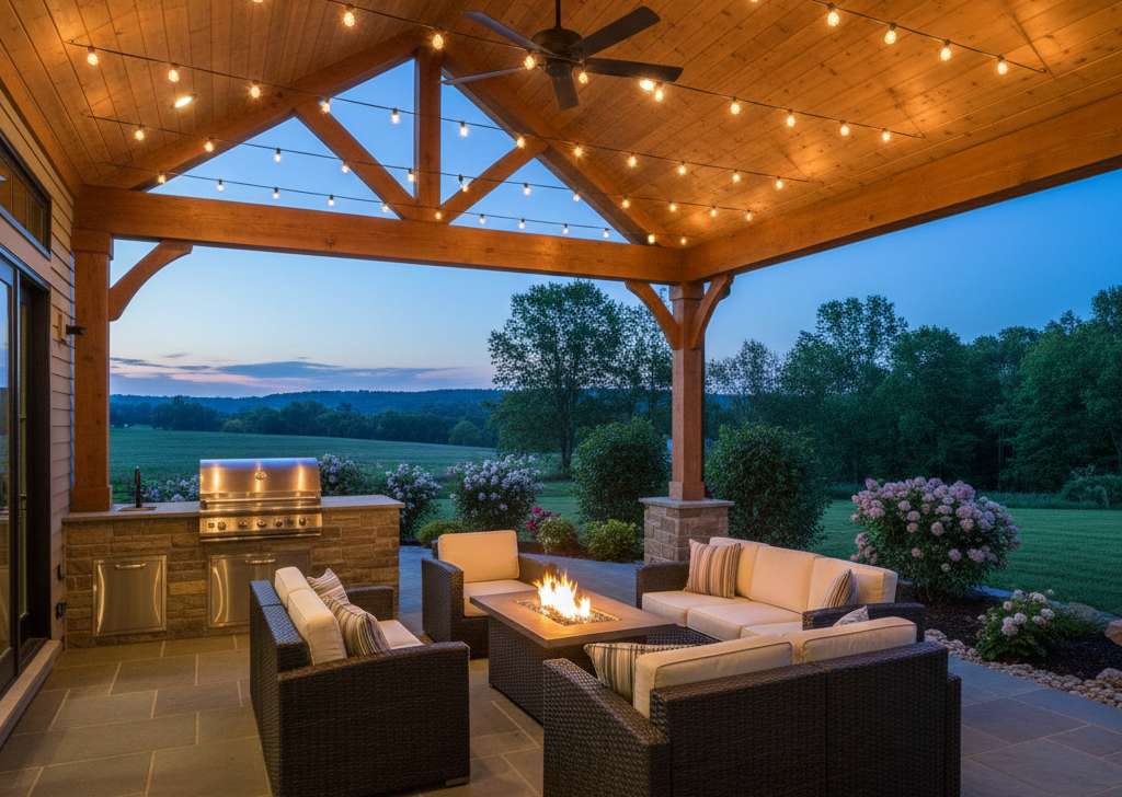 Covered outdoor living space in a Central PA custom home with built-in grill and patio furniture