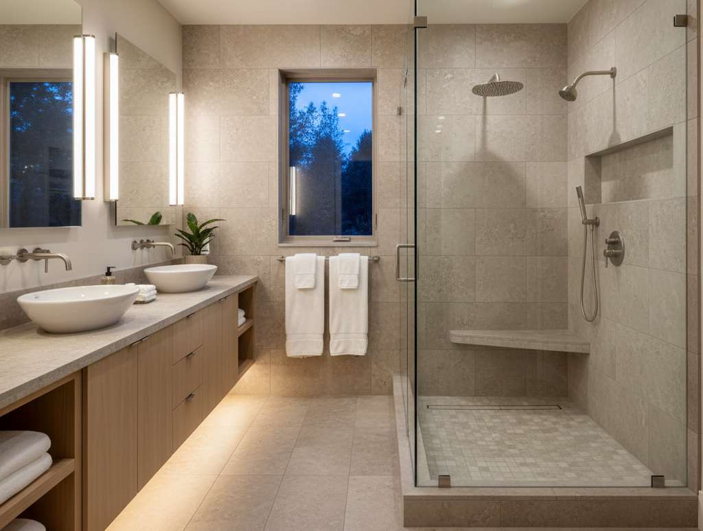 Spa bathroom custom home design with walk-in shower, rain showerhead, and double vanity