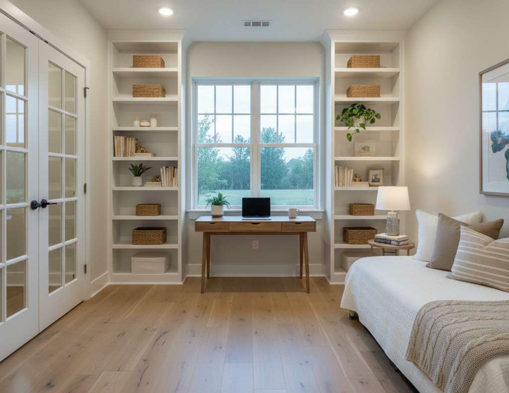 Flex space custom home design with French doors and built-in shelving