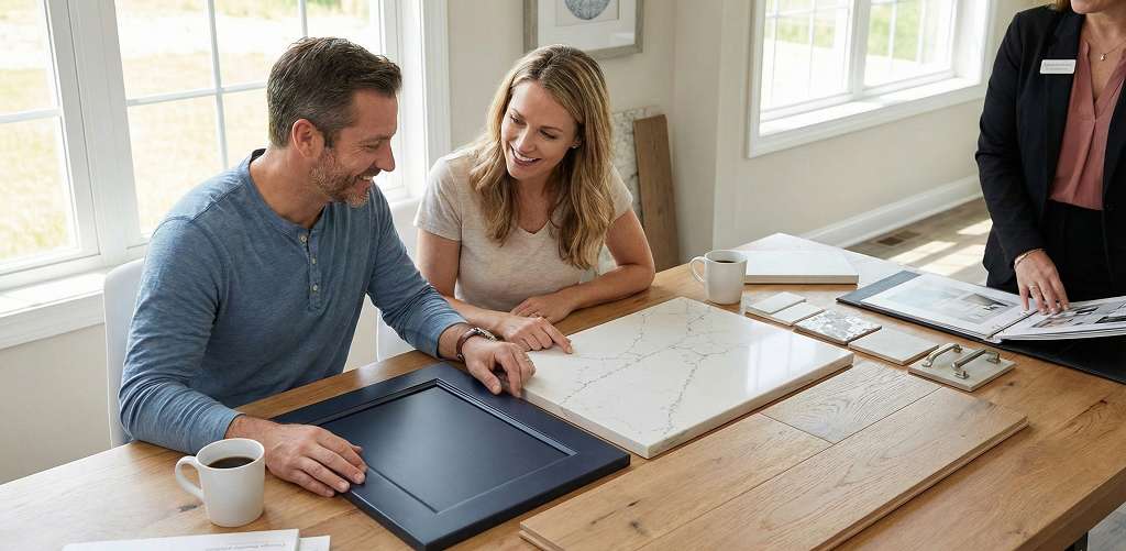 Homeowners reviewing finish selections that affect custom home cost per square foot