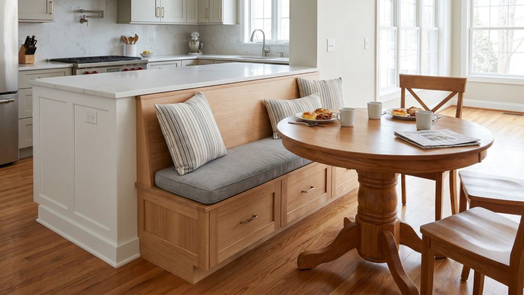 A built-in banquette bench providing a transition point in a modern kitchen living room setup.