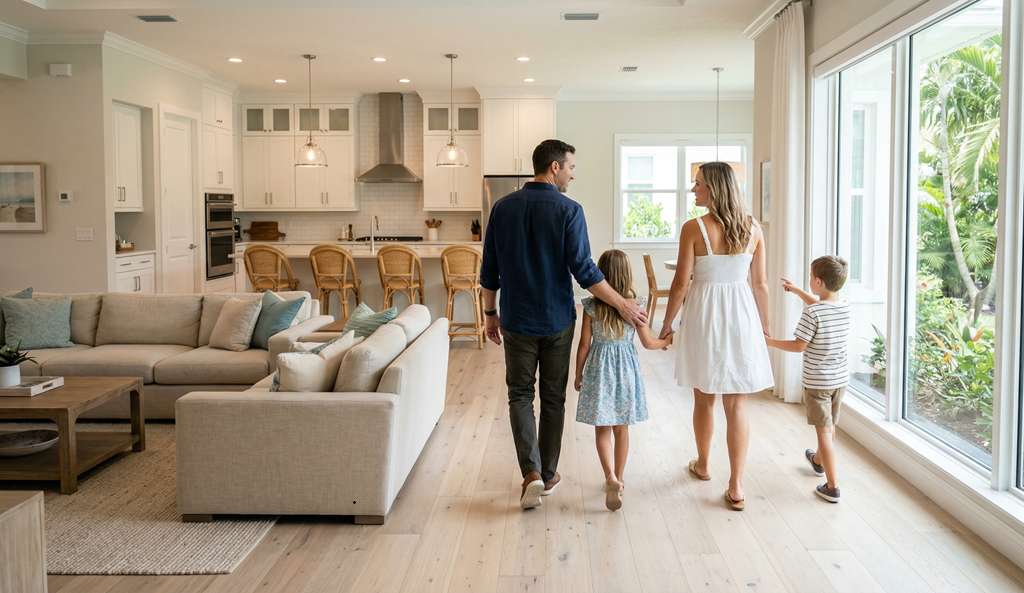 Family touring new home to choose the right floor plan