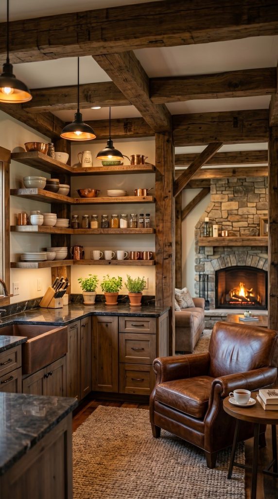 An intimate and cozy cottage-style kitchen living room with open shelving and a rustic fireplace.