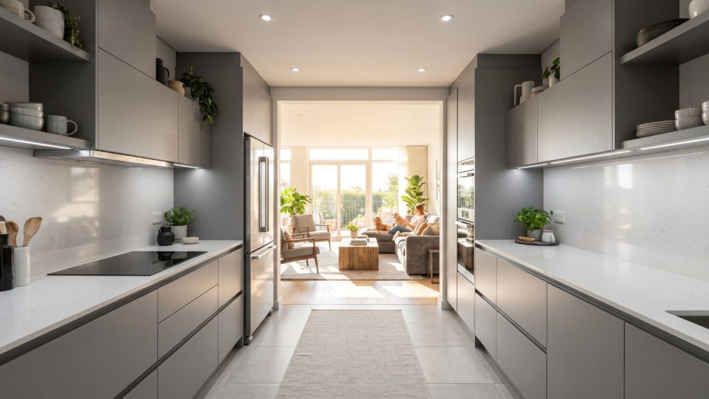 A functional galley-style open concept home where the kitchen flows directly into a bright living space.