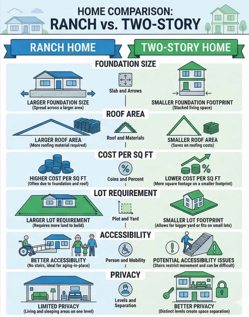 Ranch vs two story floor plan comparison infographic showing cost and features