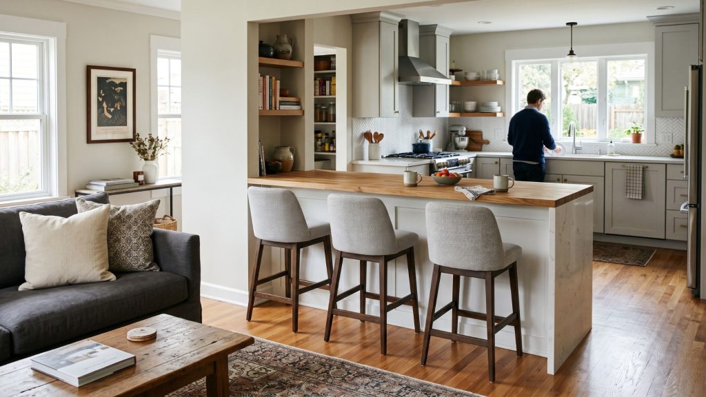 A kitchen peninsula defining the boundary of an open concept living room and kitchen in a compact layout.