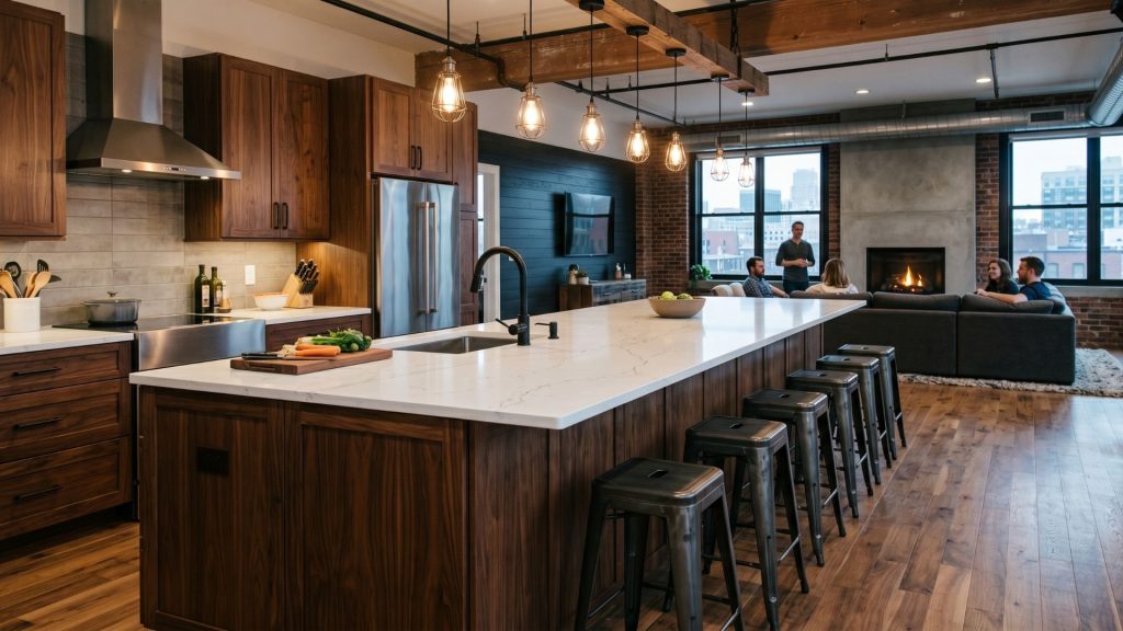 massive 12-foot kitchen island seating six people inside a spacious open concept home with a view of the living area.
