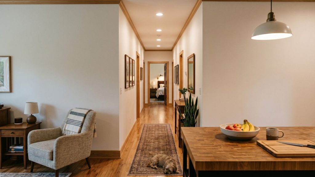 A functional home layout showing an open concept kitchen and living area with a direct view toward a private master suite.