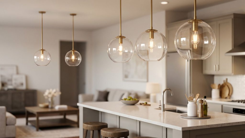 Coordinated pendant lighting used to tie together an open concept home's kitchen and living spaces.