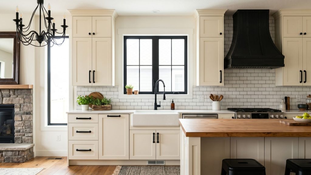 Modern farmhouse style open concept kitchen with black hardware and cream cabinets in a cohesive kitchen living room layout.