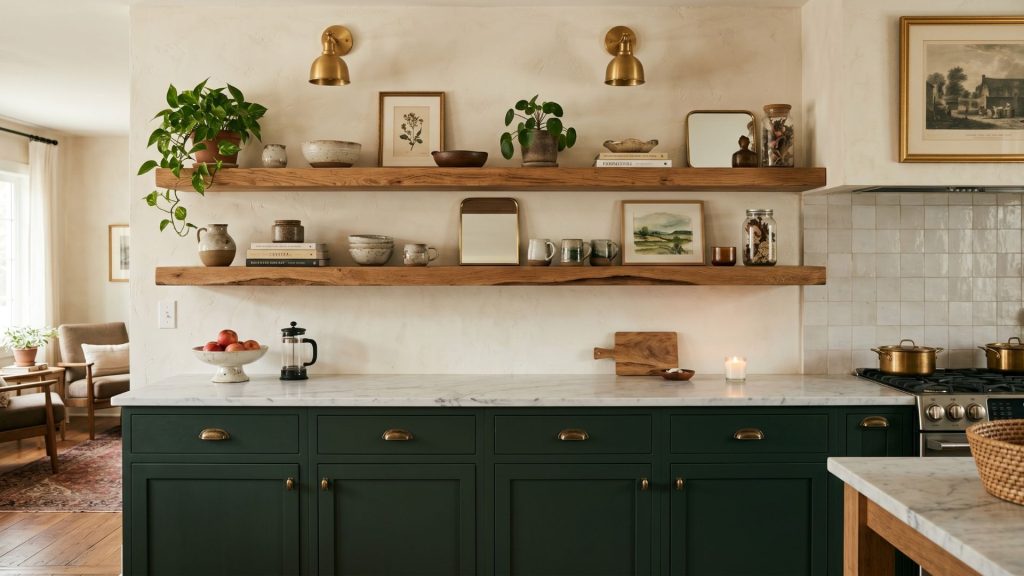 An open concept kitchen using floating shelves to create an airy, living-room-like feel in a modern home.