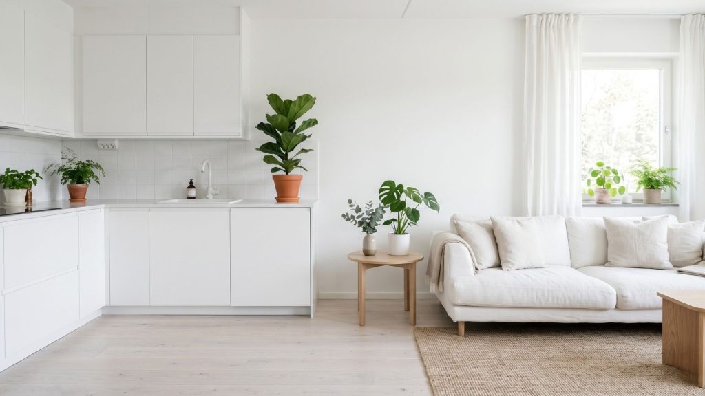 A minimalist Scandinavian open concept living room and kitchen with an all-white color palette and natural wood.
