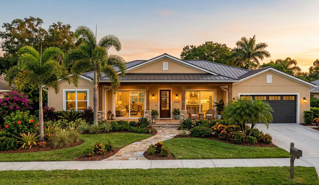 Single-story ranch floor plan home in Florida with covered porch