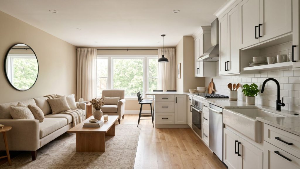 A transitional style open floor plan showing a neutral kitchen and living area with clean, timeless lines.