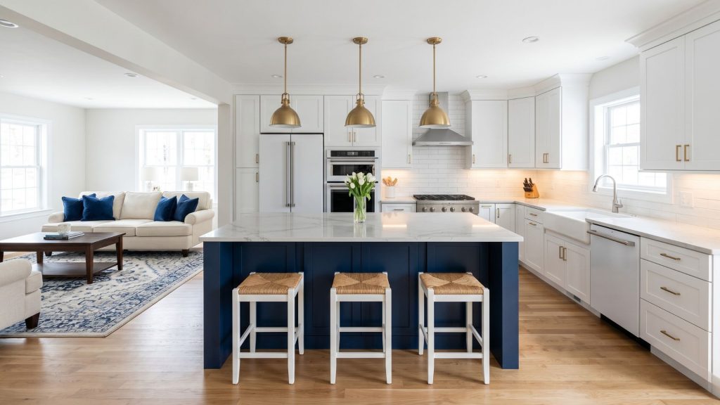 A navy blue island serves as the focal point in this open concept kitchen within a modern open floor plan.