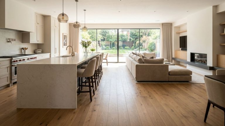 overview of a luxurious open concept living room and kitchen, showcasing modern design, natural light, and seamless flow