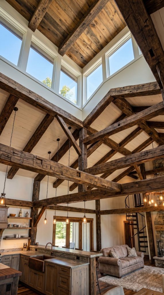 Dramatic vaulted ceilings with wood beams connecting an open concept kitchen and living area in a luxury home.