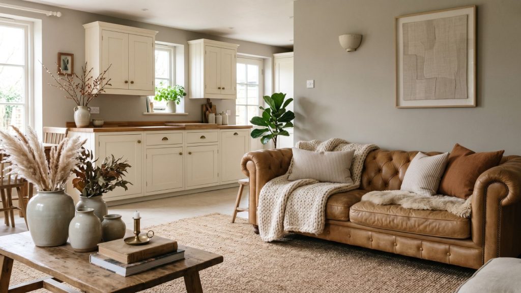 A warm and textured open floor plan featuring neutral tones and cozy materials in the kitchen and lounge.