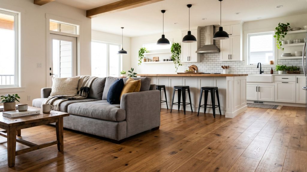 A bright open concept living room and kitchen featuring crisp white cabinets and warm oak hardwood throughout an open floor plan.