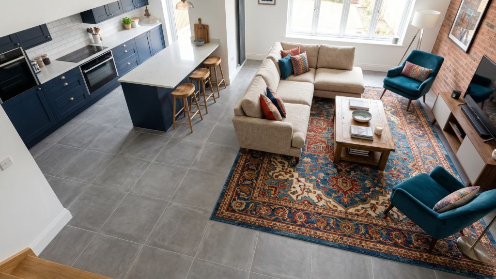 Using area rugs to define separate zones within a large open floor plan for the kitchen and living area.